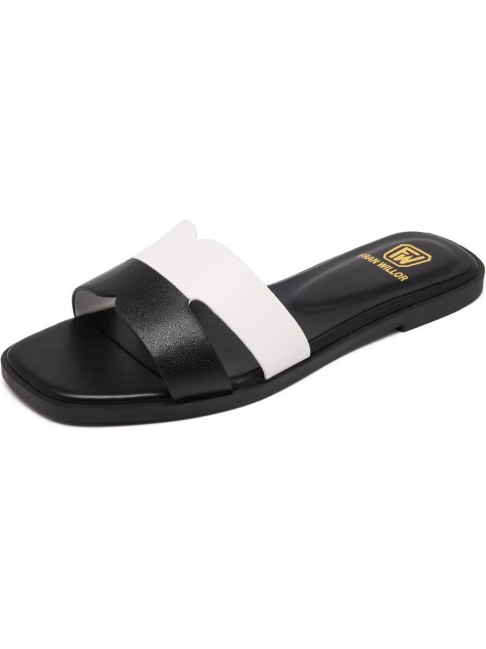 Women's Black White Flat Slides Fashion Square Open Toe Slip On Beach Sandal